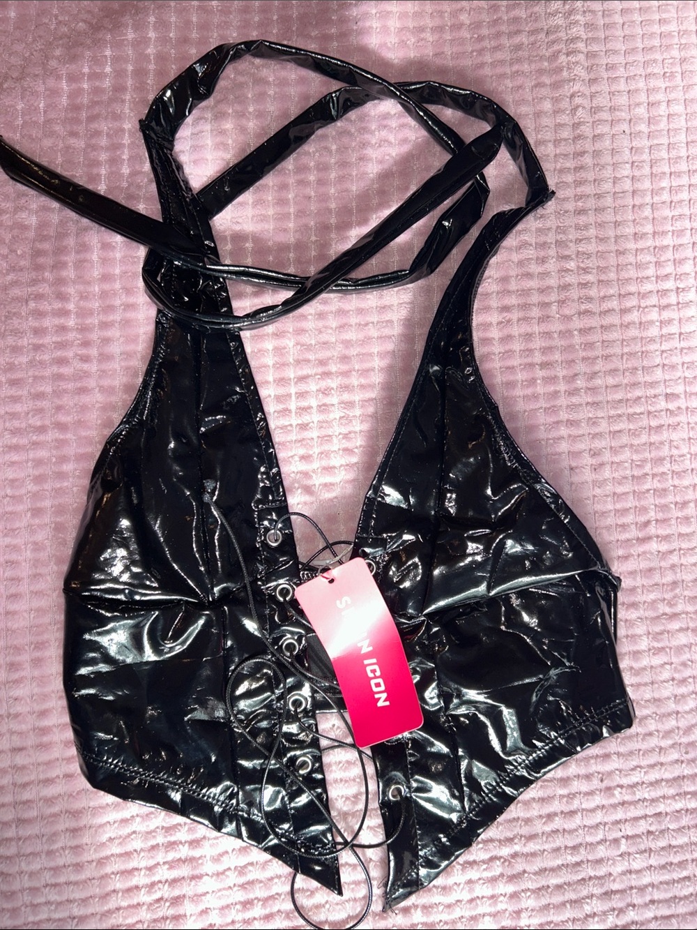 SHEIN Black Patent Lace-Up Halter Bandeau Top